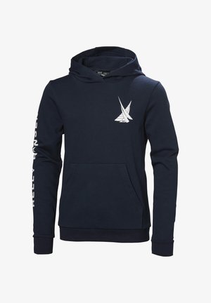 Sudadera azul marino de tejido suave, con un bolsillo frontal tipo pouch, capucha con cordón y un logo blanco en el pecho y en la manga.