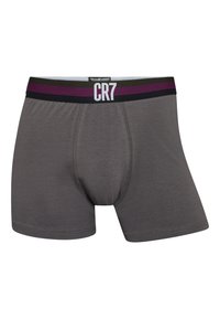 Boxer briefs grigi in morbido tessuto, con un elastico in vita nero e viola riportante il logo "CR7" in bianco.