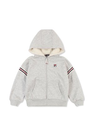 Sudadera con capucha gris claro con cremallera, forro de forro polar, bolsillos delanteros, capucha y detalle de rayas en las mangas con un pequeño logo en el pecho.
