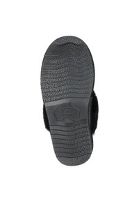 Zwarte rubberen zool met een gestructureerd grippatroon en verhoogd logo. De onderkant heeft een gladde afwerking, met een afgeronde vorm voor schoeisel.