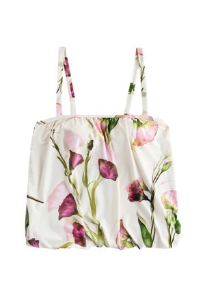 Biały top typu camisole z regulowanymi ramiączkami, ozdobiony różowo-zielonym kwiatowym wzorem i marszczonym dołem.