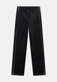 Zwarte sportbroek met een zachte textuur, voorzien van een elastische taille en contrasterende off-white zijstrepen langs de benen.