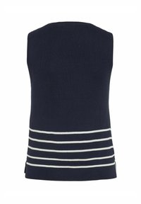 Maglione senza maniche blu navy con una lavorazione a maglia testurizzata, caratterizzato da strisce orizzontali bianche sull'orlo inferiore e fessure laterali.