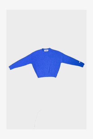 Helles blaues Rundhals-Sweatshirt mit langen Ärmeln, gerippten Bündchen und Saum sowie einem weißen Etikett "COLOURFUL REBEL" am Hals und Ärmel.