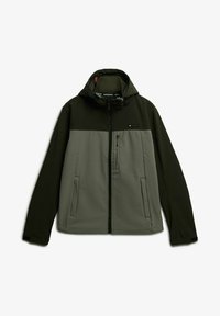 Groene en grijze ritsjack met capuchon, met een twee-tonen ontwerp, zijzakken en een borstzak met een logodetail. Zachte textuur.