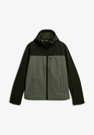 Chaqueta con cremallera verde y gris con capucha, que presenta un diseño bicolor, bolsillos laterales y un bolsillo en el pecho con detalle de logo. Textura suave.