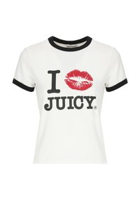 T-shirt bianca a maniche corte con bordo nero al collo e ai polsini; presenta la scritta nera "I JUICY" e un segno di bacio con rossetto rosso.