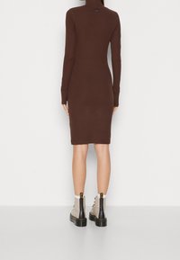 Brun, figursydd klänning med långa ärmar och hög krage. Buren med beige ankelstövlar med svarta detaljer och tjock svart sula.