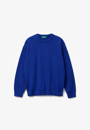 Royalblaue Strickjacke mit geripptem Rundhalsausschnitt und Bündchen. Verfügt über ein kleines gesticktes Logo auf der Brust. Aus weichem, mittelschwerem Stoff.