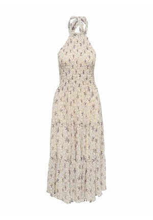 Robe midi sans manches à col licou avec base beige clair et motif floral violet, taille smockée élastique et jupe à volants superposés.
