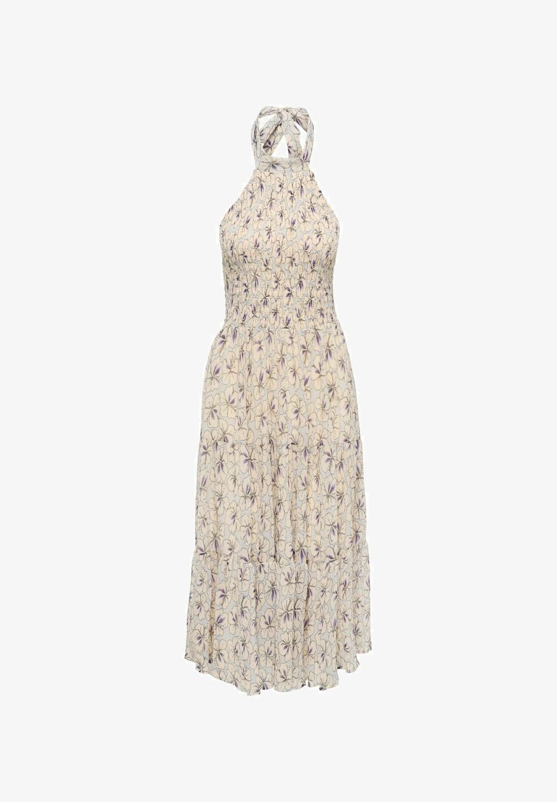 Robe midi sans manches à col licou avec base beige clair et motif floral violet, taille smockée élastique et jupe à volants superposés.