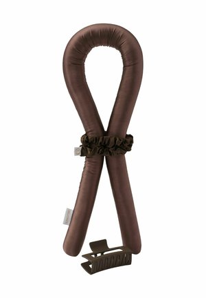 Brauner Stoff-Hitze-freier Lockenwickler in Form einer Schlaufe mit passender Klammer und Haargummi zum Fixieren der Haare ohne Hitzeschäden.