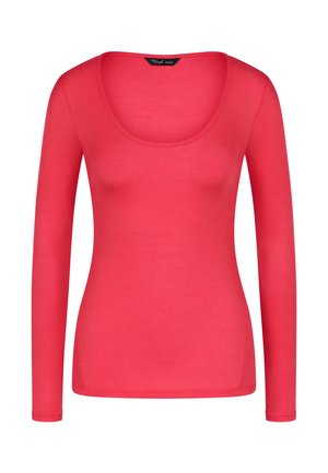 Halenka s dlouhým rukávem a širokým výstřihem v živé růžové barvě. Žebrovaná textura, těsně přiléhavý střih a hladký povrch. Žádné viditelné logo nebo vzory.