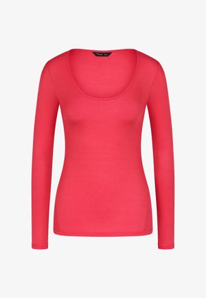 Halenka s dlouhým rukávem a širokým výstřihem v živé růžové barvě. Žebrovaná textura, těsně přiléhavý střih a hladký povrch. Žádné viditelné logo nebo vzory.