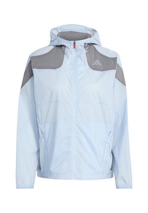 Hellblaue Kapuzenjacke mit grauen Schulterakzenten, Frontreißverschluss, Seitentaschen und kleinem Logo auf der Brust.