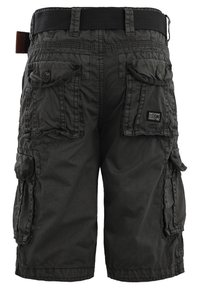 Mörkgrå cargo-shorts i tyg, med flera sidofickor, knappdetaljer, en strukturerad finish och ett bälte.