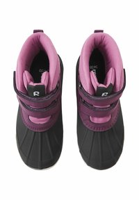 Purple and black waterproof boots feature a rubber lower section, soft textile lining, and adjustable Velcro straps for secure fit.