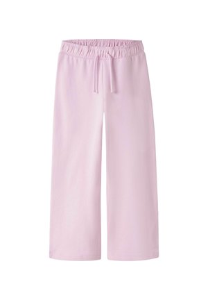 Lyst rosa vidbukse med elastisk midjebånd og snøring, laget av mykt stoff.