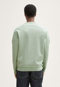 Sudadera verde menta de mangas largas, cuello redondo y dobladillo acanalado. El material parece suave y ligeramente texturizado. Llevada con jeans de denim oscuro.