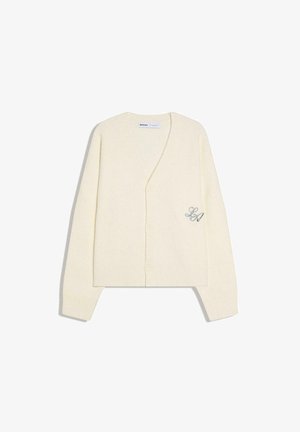 Kremowy, dziergany kardigan z długimi rękawami, dekoltem w serek, zapięciem na guziki oraz małym, haftowanym detalem "LA" na dolnej części przodu.