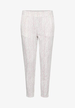 Valkoiset housut, joissa on pystysuorat vaaleanpunaiset ja harmaat raidat, joustava vyötärö ja etumielit käärmeilyt, valmistettu kevyestä kankaasta.