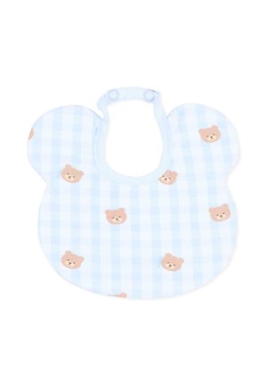 Bavaglino da bambino a quadri azzurro chiaro con bordi arrotondati e motivo con piccoli faccini di orsetti marroni, fissato con due bottoni a pressione.