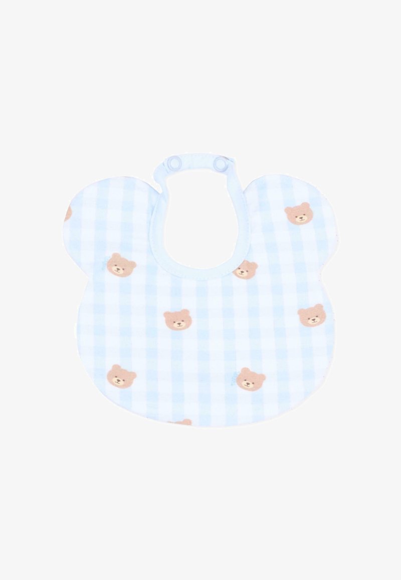 Bavoir bébé à carreaux bleu clair avec bords arrondis et motif de petits visages d’ours en peluche marron, fermé par deux boutons-pression.