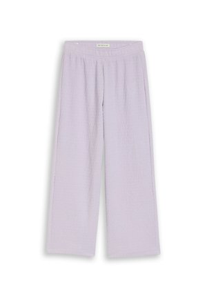 Hellviolette Weite-Hosen mit strukturiertem Stoff und elastischem Bund, flach auf weißem Hintergrund dargestellt.