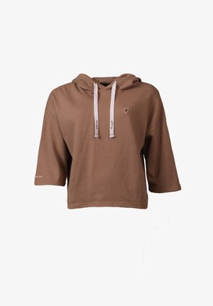 Brun kort hettegenser med trekvart ermer, hvite snorer og lite hjerteemblem på brystet.