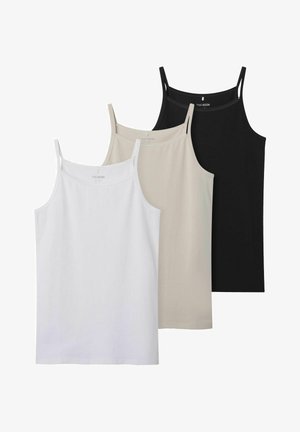 Tres camisetas de tirantes en blanco, beige y negro. Están hechas de una tela suave con tirantes ajustables y un diseño sencillo.