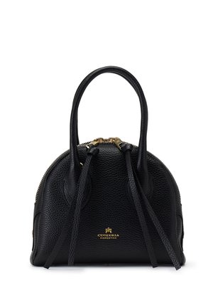 Sac à main en cuir noir texturé avec forme arrondie, deux poignées, fermeture éclair dorée et petit logo doré Cuoieria Fiorentina à l'avant.