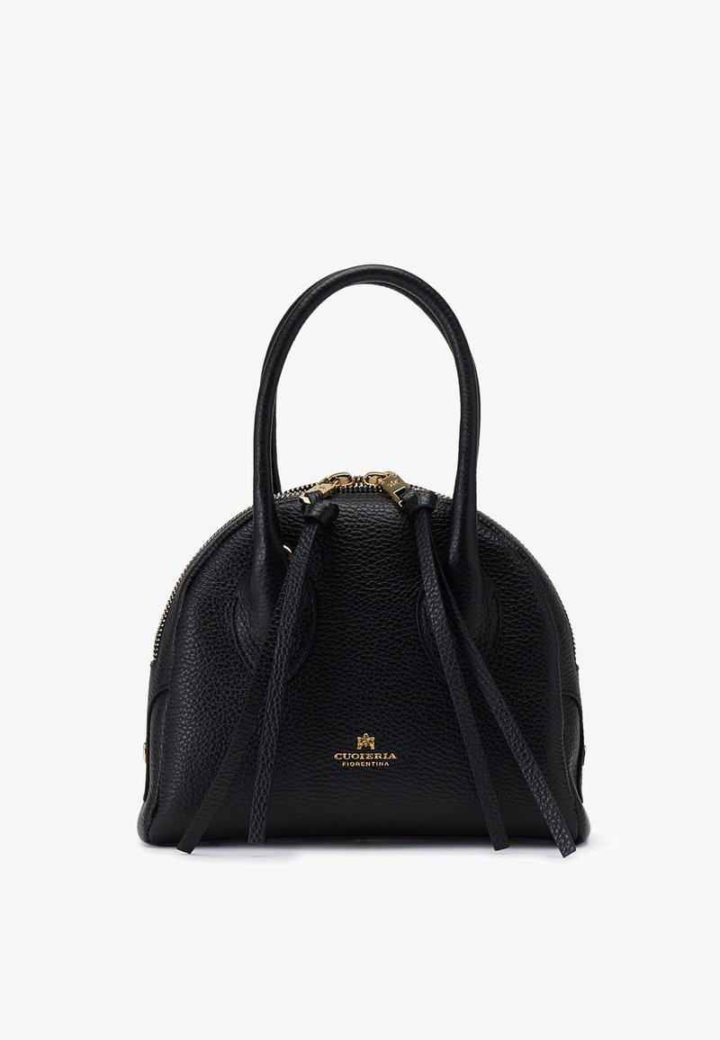Sac à main en cuir noir texturé avec forme arrondie, deux poignées, fermeture éclair dorée et petit logo doré Cuoieria Fiorentina à l'avant.