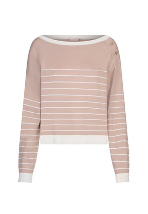 Hellrosa Langarmpullover mit weißen horizontalen Streifen, weißen Bündchen und Saum, Boot-Ausschnitt und zwei kleinen dekorativen Knöpfen an einer Schulter.