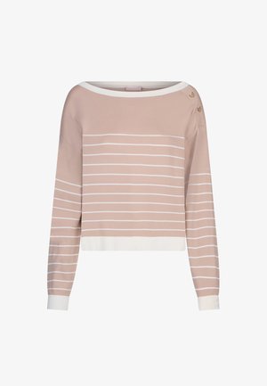 Hellrosa Langarmpullover mit weißen horizontalen Streifen, weißen Bündchen und Saum, Boot-Ausschnitt und zwei kleinen dekorativen Knöpfen an einer Schulter.