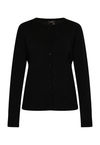 Cardigan nero in morbido tessuto a maglia, con scollatura tonda, maniche lunghe, chiusura frontale con bottoni e polsini e orlo a coste.