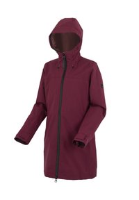 Veste longue imperméable bordeaux avec capuche, fermeture éclair complète à l'avant, sangles de poignet réglables et design minimaliste.