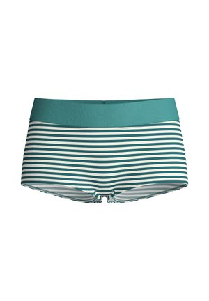 Turquoise en witte horizontaal gestreepte dames zwemshorts met een brede, effen turquoise tailleband, afgebeeld op een witte achtergrond.