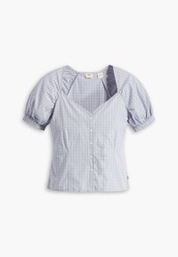 Blusa a quadri viola chiaro con bottoni, maniche a palloncino e scollatura a V, adagiata su uno sfondo bianco.