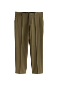 Oliivinvihreät housut, joissa on sileä pinta, tasainen etuosa, sivutaskut ja vyölenkit. Harkittu istuvuus suoran lahkeen muotoilulla.
