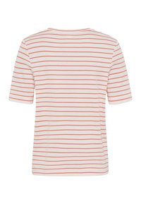 Korte mouwen, ronde hals t-shirt in het wit met rode horizontale strepen. Zachte katoenen mix met een relaxte pasvorm, afgewerkt met een rechte zoom.