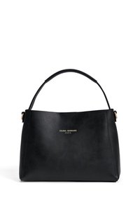 Schwarze Handtasche aus Kunstleder mit rundem oberen Griff, goldfarbenem Logo, das auf der Vorderseite geprägt ist, und einer glatten, strukturierten Oberfläche.