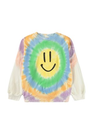 Crewneck sweatshirt med tie-dye mønster i grøn, gul, orange og lilla. Har et stort sort smilende ansigt i midten. Blandingsstof af bomuld.