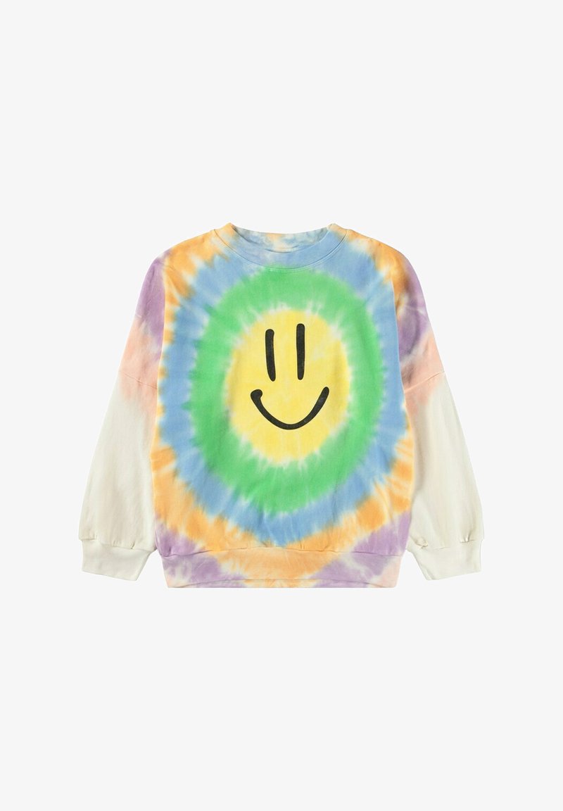 Sweter z okrągłym dekoltem w wzór tie-dye w kolorach zielonym, żółtym, pomarańczowym i fioletowym. Ozdobiony dużą czarną buźką na środku. Mieszanka bawełny.