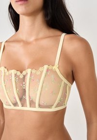 Geel geborduurd bralette van sheer mesh, met bloemenpatronen en golvende kantafwerking. Verstelbare bandjes en gestructureerd ontwerp.