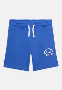 Pantaloni scurți din bumbac albastru, cu talie elastică și șnur alb. Prezintă un logo în diverse culori și un detaliu de design curbat.
