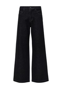 Pantalons en denim noir à jambes larges avec une texture lisse, présentant une fermeture à bouton, des poches avant et des coutures sur l'ourlet.