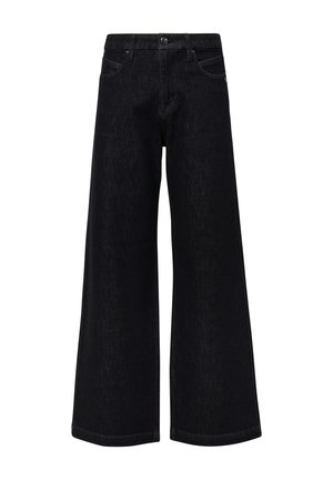 Wide-leg black denim pants with a smooth texture, featuring a button closure, front pockets, and stitched detailing on the hem.