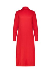 Rode, langarmige jurk met een hoge nek, gemaakt van een soepel materiaal. Heeft een ruime pasvorm en een knielange zoom. Geen zichtbare patronen of accenten.