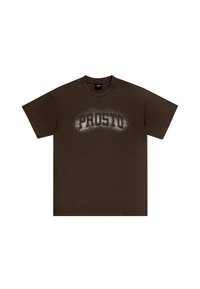 Brązowa bawełniana koszulka z okrągłym dekoltem, krótkimi rękawami oraz białym napisem graficznym "PROSTO" z efektem nakrapiania.