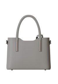 Gray handbag made of smooth synthetic material, featuring rounded handles, a minimalist design, and subtle stitching details on the sides.